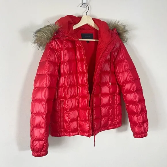 J. Crew Short Quilted Down Puffer Jacket with Faux Fur Trim Hood in Red - M - Picture 5 of 15